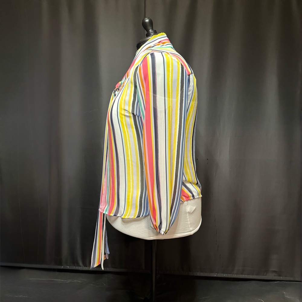 New York & Company Rainbow Sheer Vertical Stripes Tie-Neck Blouse | Size XL - Picture 5 of 16